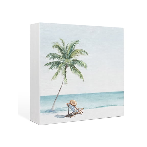 Wood Box Sign Palm Trees Square Boxes Sgin Desk Decor Decorative Wood Block Plaque Summer Beach Seaside Holidays Wooden Signs for Home Tabletop Shelf Wall Office Room Table Decorations Gifts 6"x6"