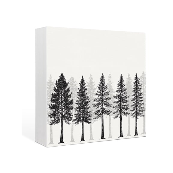 Wood Box Sign Pine Tree Forest Square Boxes Sgin Desk Decor Decorative Wood Block Plaque Black Woodland Landscape Wooden Signs for Home Tabletop Shelf Wall Office Room Table Decorations Gifts 6"x6"