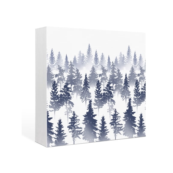 Wood Box Sign Pine Tree Square Boxes Sgin Desk Decor Decorative Wood Block Plaque Nature Foggy Forest Blue Ombre Wooden Signs for Home Tabletop Shelf Wall Office Room Table Decorations Gifts 6"x6"