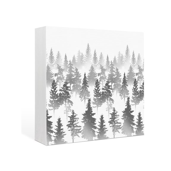 Wood Box Sign Pine Tree Square Boxes Sgin Desk Decor Decorative Wood Block Plaque Nature Foggy Forest Grey Ombre Wooden Signs for Home Tabletop Shelf Wall Office Room Table Decorations Gifts 6"x6"