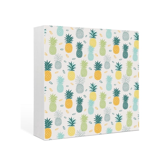 Wood Box Sign Pineapple Square Boxes Sgin Desk Decor Decorative Wood Block Plaque Summer Tropical Fruit Wooden Signs for Home Tabletop Shelf Wall Office Room Table Decorations Gifts 6"x6"