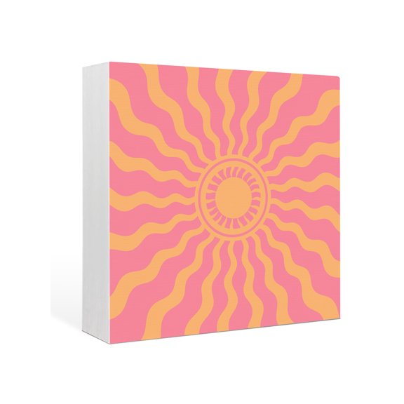 Wood Box Sign Pink Boho Radiant Sun Square Boxes Sgin Desk Decor Decorative Wood Block Plaque Bohemian Wavy Sunbeams Wooden Signs for Home Tabletop Shelf Wall Office Room Table Decor Gifts 6"x6"