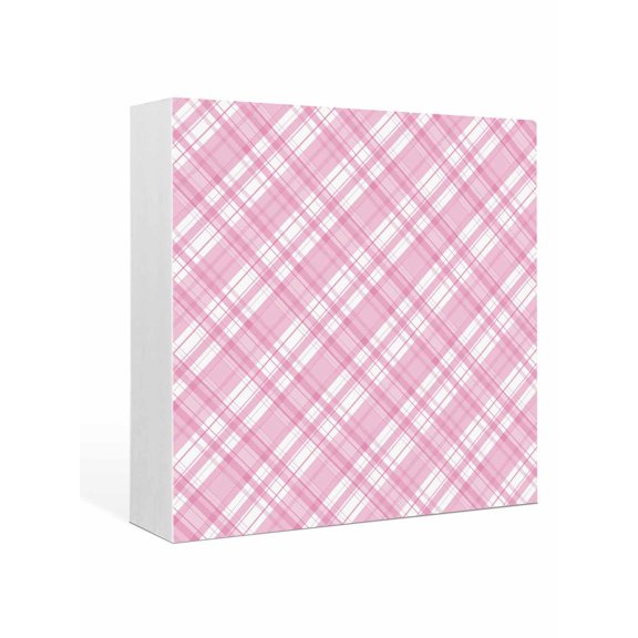 Wood Box Sign Pink Checked Plaid Square Boxes Sgin Desk Decor Decorative Wood Block Plaque Diagonal Weave Lines Wooden Signs for Home Tabletop Shelf Wall Office Room Table Decorations Gifts 6"x6"