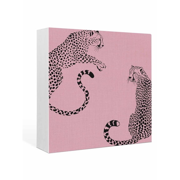 Wood Box Sign Pink Leopard Square Boxes Sgin Desk Decor Decorative Wood Block Plaque Animal Solid Color Wooden Signs for Home Tabletop Shelf Wall Office Room Table Decorations Gifts 6"x6"