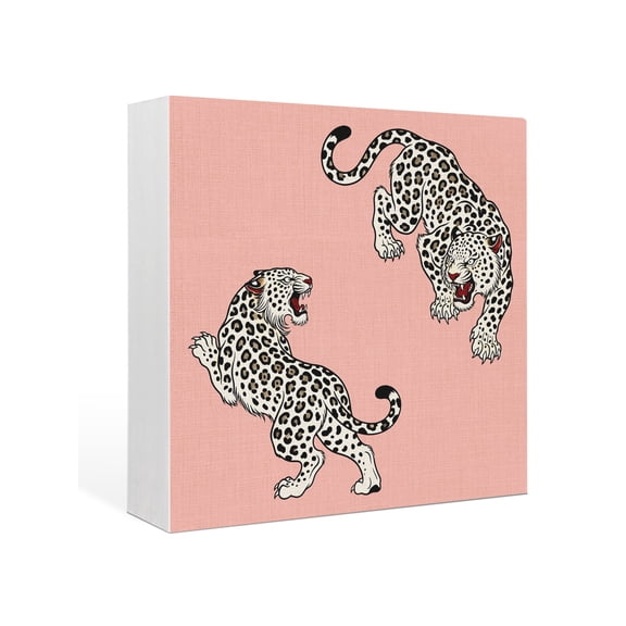Wood Box Sign Pink Leopard Square Boxes Sgin Desk Decor Decorative Wood Block Plaque Bohemian Animal Print Wooden Signs for Home Tabletop Shelf Wall Office Room Table Decorations Gifts 6"x6"