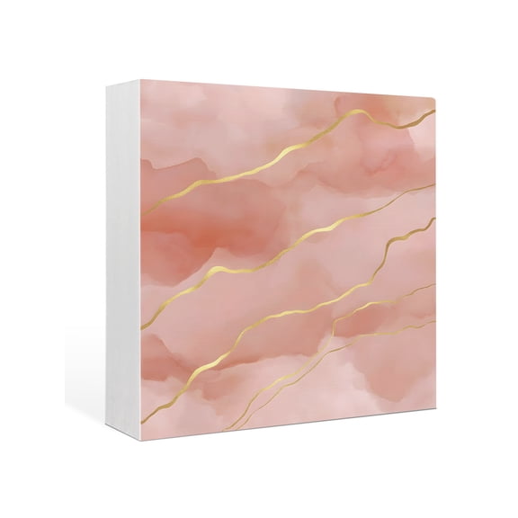 Wood Box Sign Pink Marble Gold Veins Square Boxes Sgin Desk Decor Decorative Wood Block Plaque Modern Abstract Fluid Wooden Signs for Home Tabletop Shelf Wall Office Room Table Decor Gifts 6"x6"
