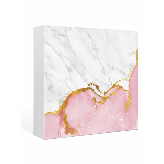 Wood Box Sign Pink Marble Square Boxes Sgin Desk Decor Decorative Wood Block Plaque White Modern Abstract Art Luxury Wooden Signs for Home Tabletop Shelf Wall Office Room Table Decor Gifts 6"x6"