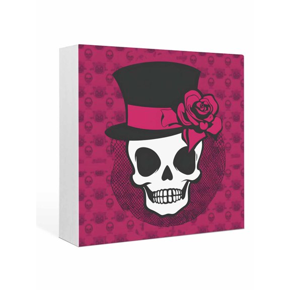Wood Box Sign Pink Rose Top Hat Skull Square Boxes Sgin Desk Decor Decorative Wood Block Plaque Trendy Fashion Skeleton Wooden Signs for Home Tabletop Shelf Wall Office Room Table Decor Gifts 6"x6"