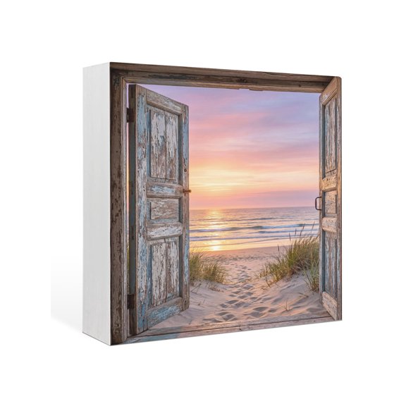 Wood Box Sign Pink Sunset Beach Square Boxes Sgin Desk Decor Decorative Wood Block Plaque Vintage Wooden Doors Wooden Signs for Home Tabletop Shelf Wall Office Room Table Decorations Gifts 6"x6"