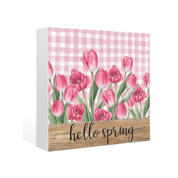 Wood Box Sign Pink Tulip Flower Square Boxes Sgin Desk Decor Decorative Wood Block Plaque Hello Spring Floral Buffalo Plaid Wooden Signs for Home Tabletop Shelf Wall Office Table Decor Gifts 6"x6"
