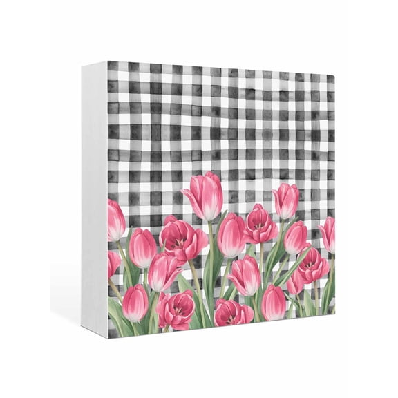 Wood Box Sign Pink Tulip Flower Square Boxes Sgin Desk Decor Decorative Wood Block Plaque Spring Floral Black Plaid Wooden Signs for Home Tabletop Shelf Wall Office Room Table Decor Gifts 6"x6"