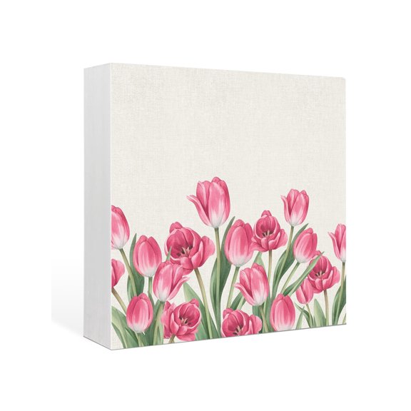 Wood Box Sign Pink Tulip Flower Square Boxes Sgin Desk Decor Decorative Wood Block Plaque Spring Floral Linen Wooden Signs for Home Tabletop Shelf Wall Office Room Table Decorations Gifts 6"x6"