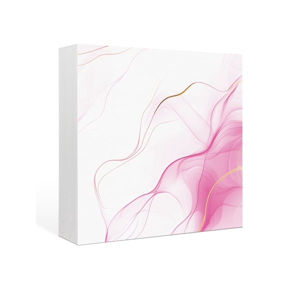 Wood Box Sign Pink Water Ripple Square Boxes Sgin Desk Decor Decorative Wood Block Plaque Marble Modern Art Wooden Signs for Home Tabletop Shelf Wall Office Room Table Decorations Gifts 6"x6"