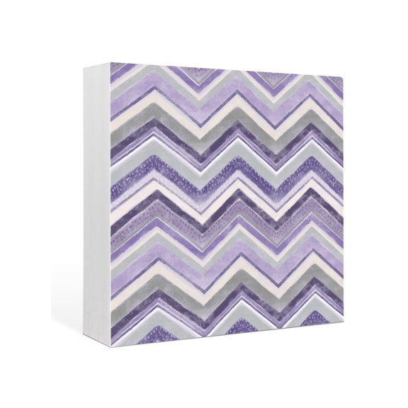 Wood Box Sign Purple Grey Chevron Square Boxes Sgin Desk Decor Decorative Wood Block Plaque Geometric Design Stripe Wooden Signs for Home Tabletop Shelf Wall Office Room Table Decor Gifts 6"x6"