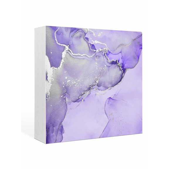 Wood Box Sign Purple Marble Square Boxes Sgin Desk Decor Decorative Wood Block Plaque Abstract Waves Cloud Wooden Signs for Home Tabletop Shelf Wall Office Room Table Decorations Gifts 6"x6"