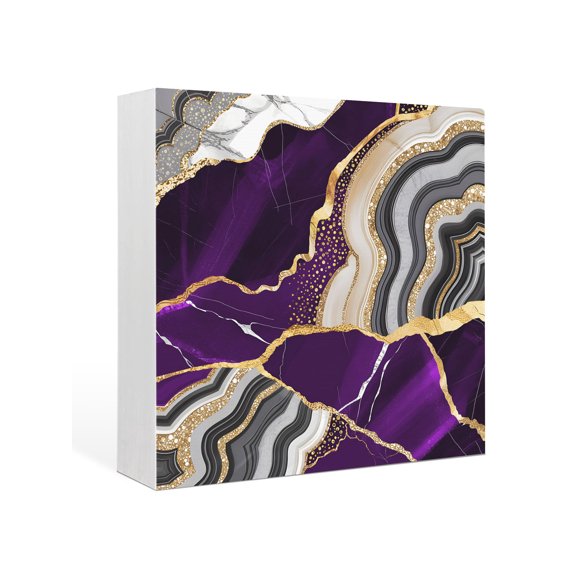 Wood Box Sign Purple Marble Texture Square Boxes Sgin Desk Decor Decorative Wood Block Plaque Abstract Gold Fluid Wooden Signs for Home Tabletop Shelf Wall Office Room Table Decorations Gifts 6"x6"