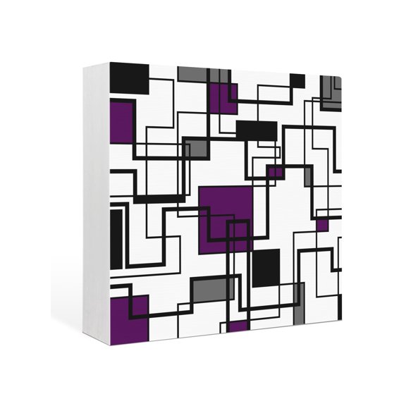 Wood Box Sign Purple Modern Geometric Square Boxes Sgin Desk Decor Decorative Wood Block Plaque Abstract Lines Squares Wooden Signs for Home Tabletop Shelf Wall Office Room Table Decor Gifts 6"x6"
