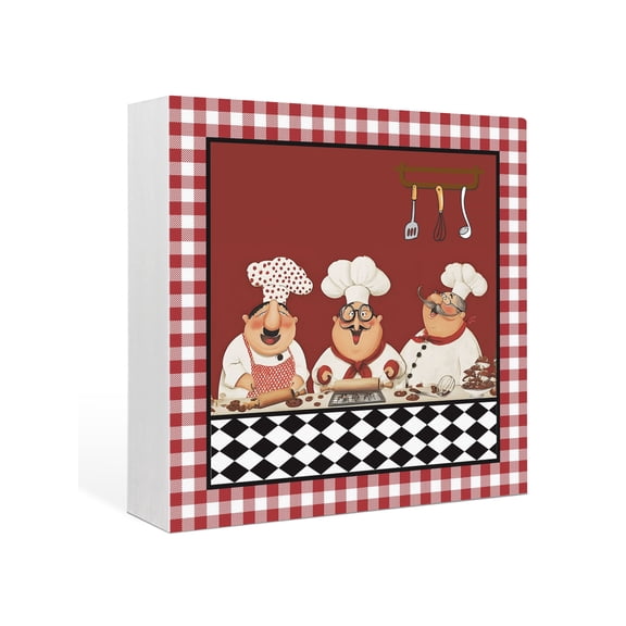 Wood Box Sign Red Cooking Chefs Square Boxes Sgin Desk Decor Decorative Wood Block Plaque Funny Cooker Checked Plaid Wooden Signs for Home Tabletop Shelf Wall Office Room Table Decor Gifts 6"x6"