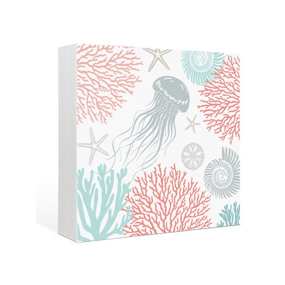 Wood Box Sign Red Coral Jellyfish Square Boxes Sgin Desk Decor Decorative Wood Block Plaque Starfish Shell Wooden Signs for Home Tabletop Shelf Wall Office Room Table Decorations Gifts 6"x6"