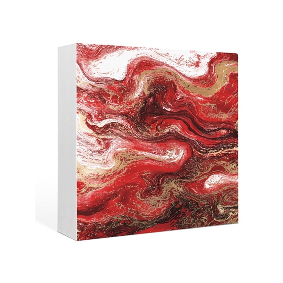 Wood Box Sign Red Marble Square Boxes Sgin Desk Decor Decorative Wood Block Plaque Abstract Fluid Art Wooden Signs for Home Tabletop Shelf Wall Office Room Table Decorations Gifts 6"x6"