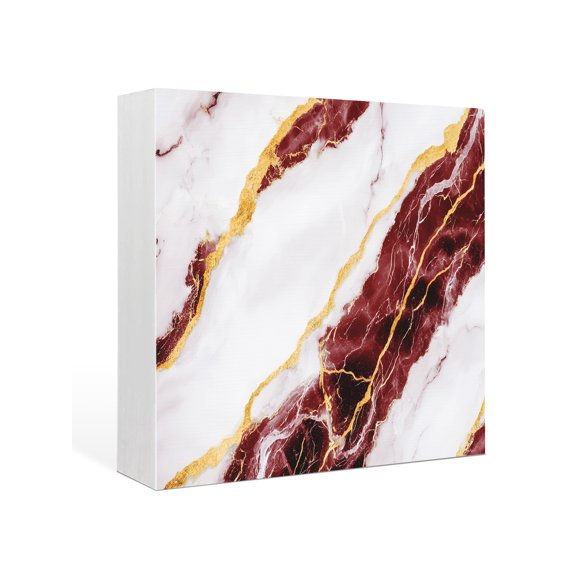 Wood Box Sign Red Marble Square Boxes Sgin Desk Decor Decorative Wood Block Plaque Gold Abstract Art Wooden Signs for Home Tabletop Shelf Wall Office Room Table Decorations Gifts 6"x6"