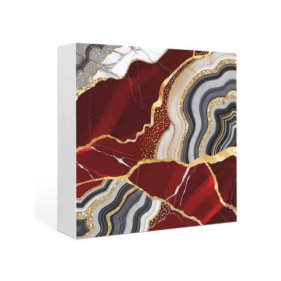 Wood Box Sign Red Marble Texture Square Boxes Sgin Desk Decor Decorative Wood Block Plaque Abstract Gold Fluid Wooden Signs for Home Tabletop Shelf Wall Office Room Table Decorations Gifts 6"x6"