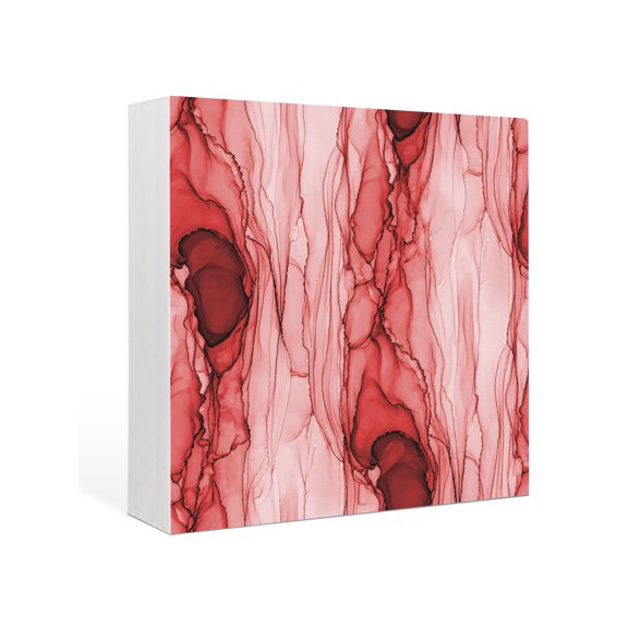 Wood Box Sign Red Marble Veins Square Boxes Sgin Desk Decor Decorative Wood Block Plaque Modern Art Water Ripples Wooden Signs for Home Tabletop Shelf Wall Office Room Table Decorations Gifts 6"x6"