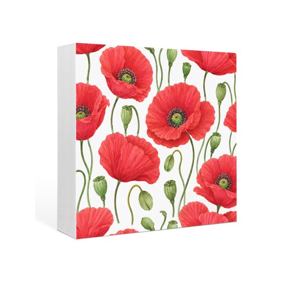 Wood Box Sign Red Poppy Blossom Square Boxes Sgin Desk Decor Decorative Wood Block Plaque Bright Floral Buds Wooden Signs for Home Tabletop Shelf Wall Office Room Table Decorations Gifts 6"x6"