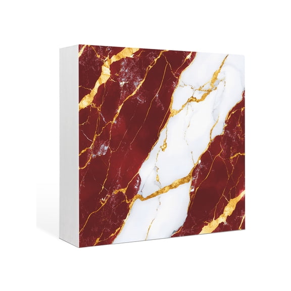 Wood Box Sign Red White Marble Square Boxes Sgin Desk Decor Decorative Wood Block Plaque Gold Abstract Art Wooden Signs for Home Tabletop Shelf Wall Office Room Table Decorations Gifts 6"x6"