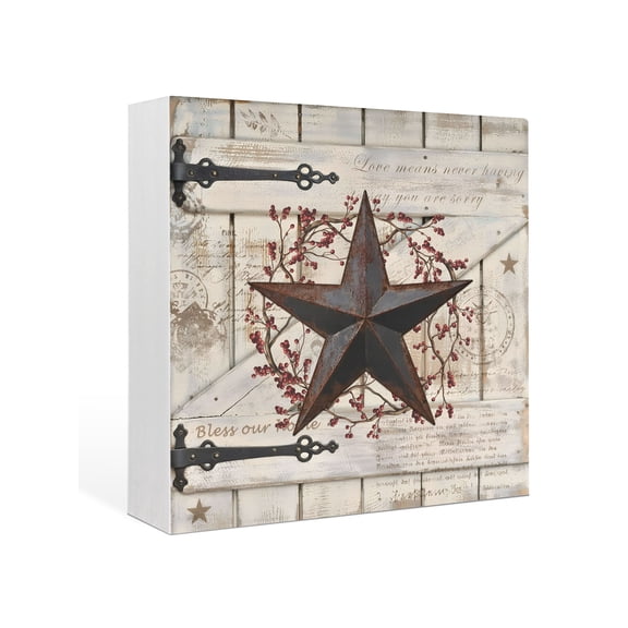 Wood Box Sign Rusty Barn Star Doors Square Boxes Sgin Desk Decor Decorative Wood Block Plaque Berry Retro Rustic Walls Wooden Signs for Home Tabletop Shelf Wall Office Room Table Decor Gifts 6"x6"