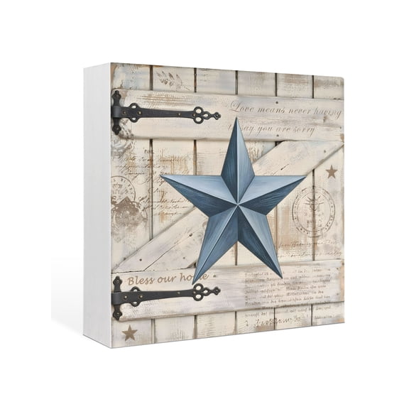 Wood Box Sign Rusty Barn Star Doors Square Boxes Sgin Desk Decor Decorative Wood Block Plaque Blue Retro Rustic Walls Wooden Signs for Home Tabletop Shelf Wall Office Room Table Decor Gifts 6"x6"