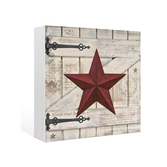 Wood Box Sign Rusty Barn Star Doors Square Boxes Sgin Desk Decor Decorative Wood Block Plaque Red Retro Rustic Walls Wooden Signs for Home Tabletop Shelf Wall Office Room Table Decor Gifts 6"x6"