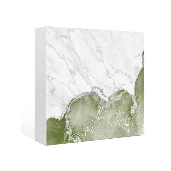 Wood Box Sign Sage Green Marble Square Boxes Sgin Desk Decor Decorative Wood Block Plaque White Modern Abstract Art Luxury Fluid Wooden Signs for Home Tabletop Shelf Wall Office Table Decor 6"x6"