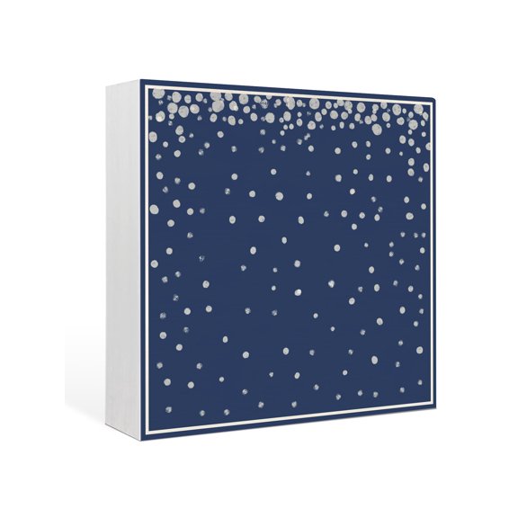 Wood Box Sign Silver Dots Square Boxes Sgin Desk Decor Decorative Wood Block Plaque Navy Blue Glittering Specks Border Frame Wooden Signs for Home Tabletop Shelf Wall Office Table Decor Gifts 6"x6"