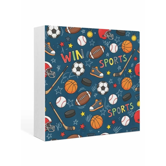 Wood Box Sign Sports Balls Square Boxes Sgin Desk Decor Decorative Wood Block Plaque Basketball Football Baseball Rugby Ice Hockey Wooden Signs for Home Tabletop Shelf Wall Office Table Decor 6"x6"