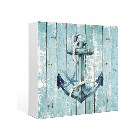 Wood Box Sign Starfish Nautical Anchor Square Boxes Sgin Desk Decor Decorative Wood Block Plaque Rustic Teal Blue Wood Grain Wooden Signs for Home Tabletop Shelf Wall Office Table Decor Gifts 6"x6"