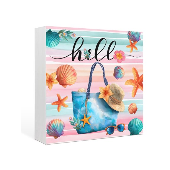Wood Box Sign Summer Beach Hat Tote Bag Square Boxes Sgin Desk Decor Decorative Wood Block Plaque Starfish Shell Stripes Hello Wooden Signs for Home Tabletop Shelf Wall Office Table Decor 6"x6"