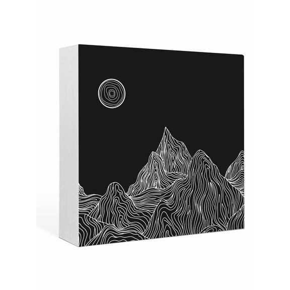 Wood Box Sign Sun Mountains Square Boxes Sgin Desk Decor Decorative Wood Block Plaque Black Abstract Lines Landscapes Wooden Signs for Home Tabletop Shelf Wall Office Room Table Decor Gifts 6"x6"