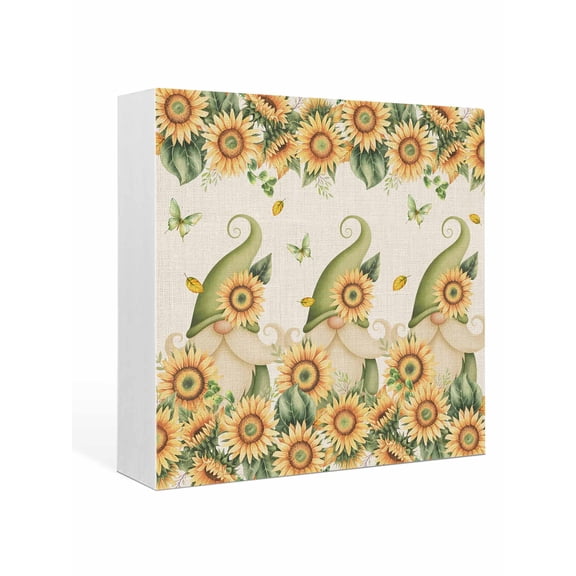 Wood Box Sign Sunflower Gnome Square Boxes Sgin Desk Decor Decorative Wood Block Plaque Floral Butterfly Deciduous Linen Wooden Signs for Home Tabletop Shelf Wall Office Room Table Decor Gifts 6"x6"