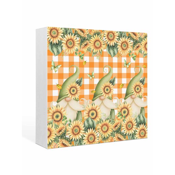 Wood Box Sign Sunflower Gnome Square Boxes Sgin Desk Decor Decorative Wood Block Plaque Floral Butterfly Orange Buffalo Plaid Wooden Signs for Home Tabletop Shelf Wall Office Table Decor Gifts 6"x6"