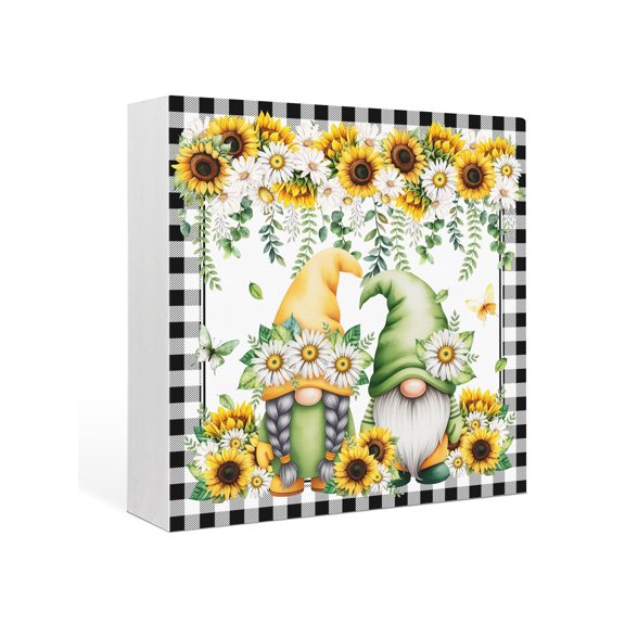 Wood Box Sign Sunflower Gnome Square Boxes Sgin Desk Decor Decorative Wood Block Plaque Green Leaves Butterfly Daisy Flower Wooden Signs for Home Tabletop Shelf Wall Office Table Decor Gifts 6"x6"
