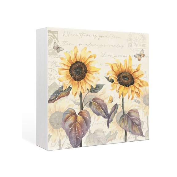 Wood Box Sign Sunflower Square Boxes Sgin Desk Decor Decorative Wood Block Plaque Butterfly Flower Vintage Text Wooden Signs for Home Tabletop Shelf Wall Office Room Table Decorations Gifts 6"x6"