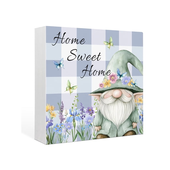 Wood Box Sign Sweet Home Gnome Square Boxes Sgin Desk Decor Decorative Wood Block Plaque Floral Butterfly Purple Plaid Wooden Signs for Home Tabletop Shelf Wall Office Room Table Decor Gifts 6"x6"