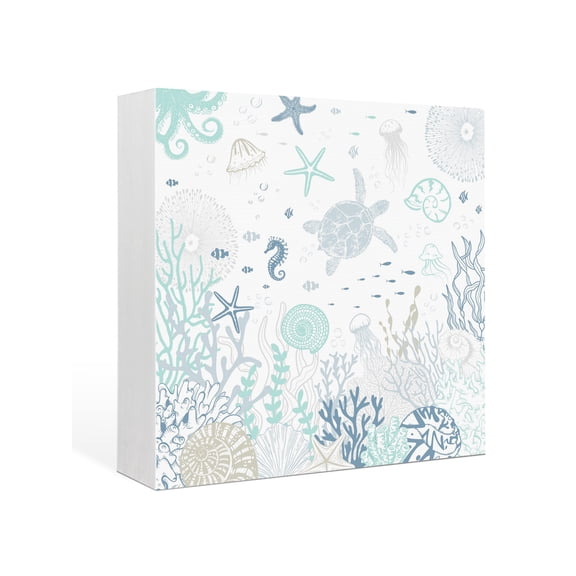 Wood Box Sign Teal Blue Turtle Shell Square Boxes Sgin Desk Decor Decorative Wood Block Plaque Coral Conch Seaweed Starfish Wooden Signs for Home Tabletop Shelf Wall Office Table Decor Gifts 6"x6"