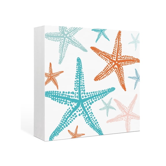 Wood Box Sign Teal Orange Starfish Square Boxes Sgin Desk Decor Decorative Wood Block Plaque Summer Beach Coastal Wooden Signs for Home Tabletop Shelf Wall Office Room Table Decorations Gifts 6"x6"
