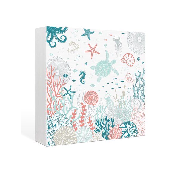 Wood Box Sign Teal Turtle Shell Square Boxes Sgin Desk Decor Decorative Wood Block Plaque Coral Conch Seaweed Starfish Wooden Signs for Home Tabletop Shelf Wall Office Room Table Decor Gifts 6"x6"
