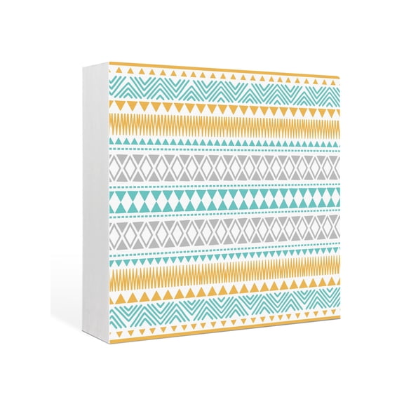 Wood Box Sign Teal Yellow Geometric Lines Square Boxes Sgin Desk Decor Decorative Wood Block Plaque Zigzag Diamonds Arrows Dots Wooden Signs for Home Tabletop Shelf Wall Office Table Decor 6"x6"