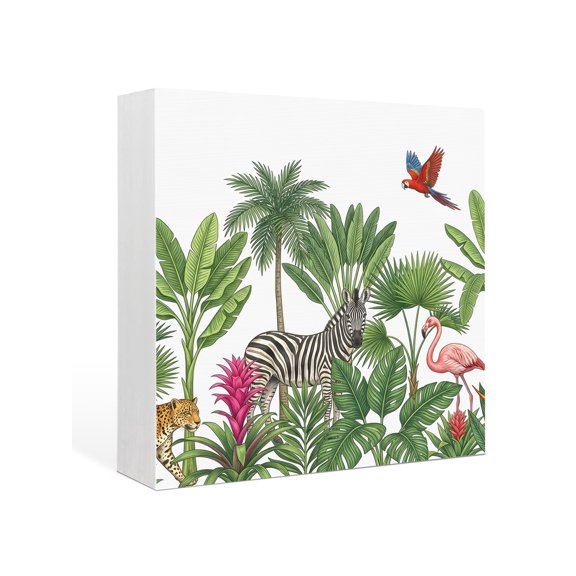 Wood Box Sign Tropical Palm Tree Square Boxes Sgin Desk Decor Decorative Wood Block Plaque Forest Animal Flamigo Zebra Leopard Wooden Signs for Home Tabletop Shelf Wall Office Table Decor 6"x6"