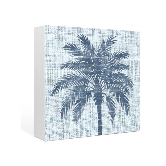 Wood Box Sign Tropical Palm Tree Square Boxes Sgin Desk Decor Decorative Wood Block Plaque Navy Blue Solid Color Linen Wooden Signs for Home Tabletop Shelf Wall Office Room Table Decor Gifts 6"x6"