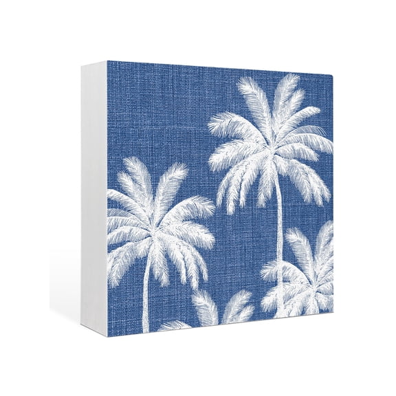 Wood Box Sign Tropical Palm Trees Square Boxes Sgin Desk Decor Decorative Wood Block Plaque Navy Blue Linen Coastal Wooden Signs for Home Tabletop Shelf Wall Office Room Table Decor Gifts 6"x6"